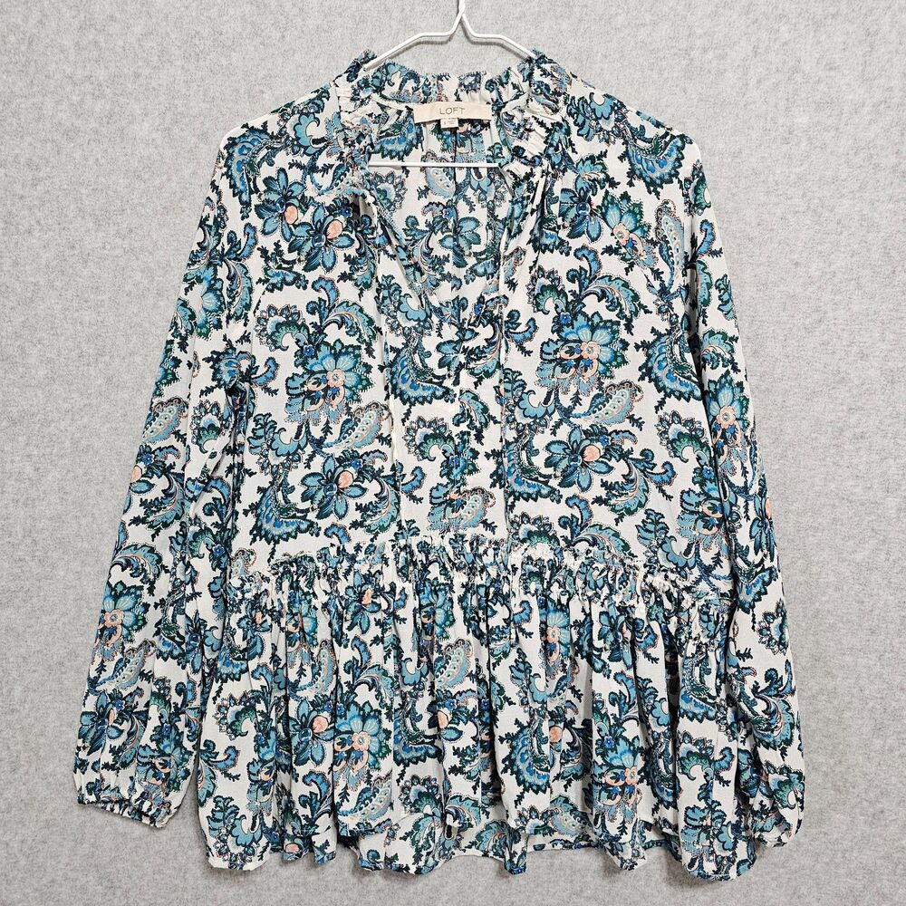 Loft Paisley Top Size S Blue Long Sleeve Loose Fit Ruffle Shirt Womens